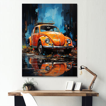 Beetle Car In The Cityscape - Car Vintage Canvas Wall Art